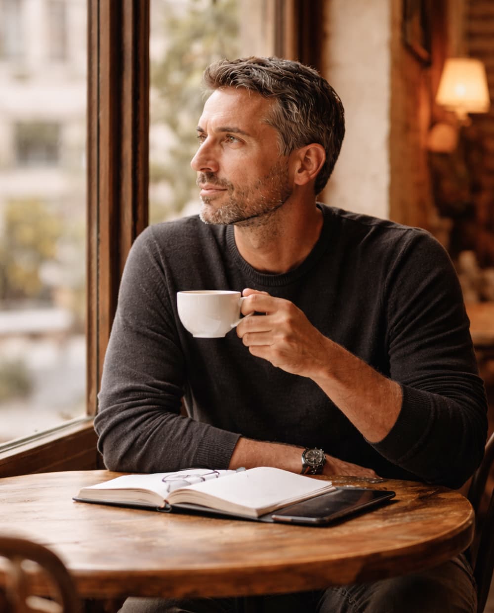 Woman having espresso at coastal café